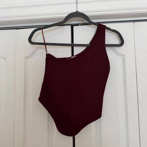 Burgundy One-Shoulder Ribbed Top